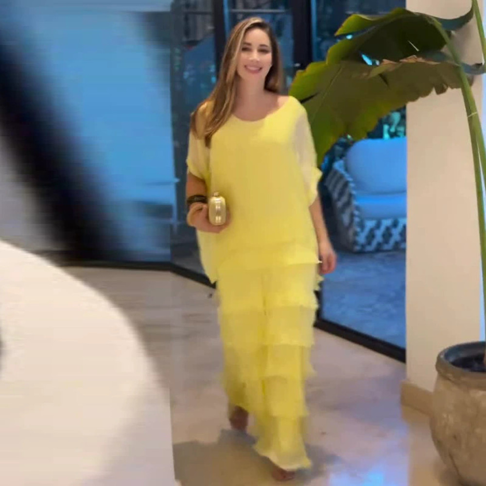 Forever 21 Yellow Casual Loose Long Dress with Layered Ruffle Hem